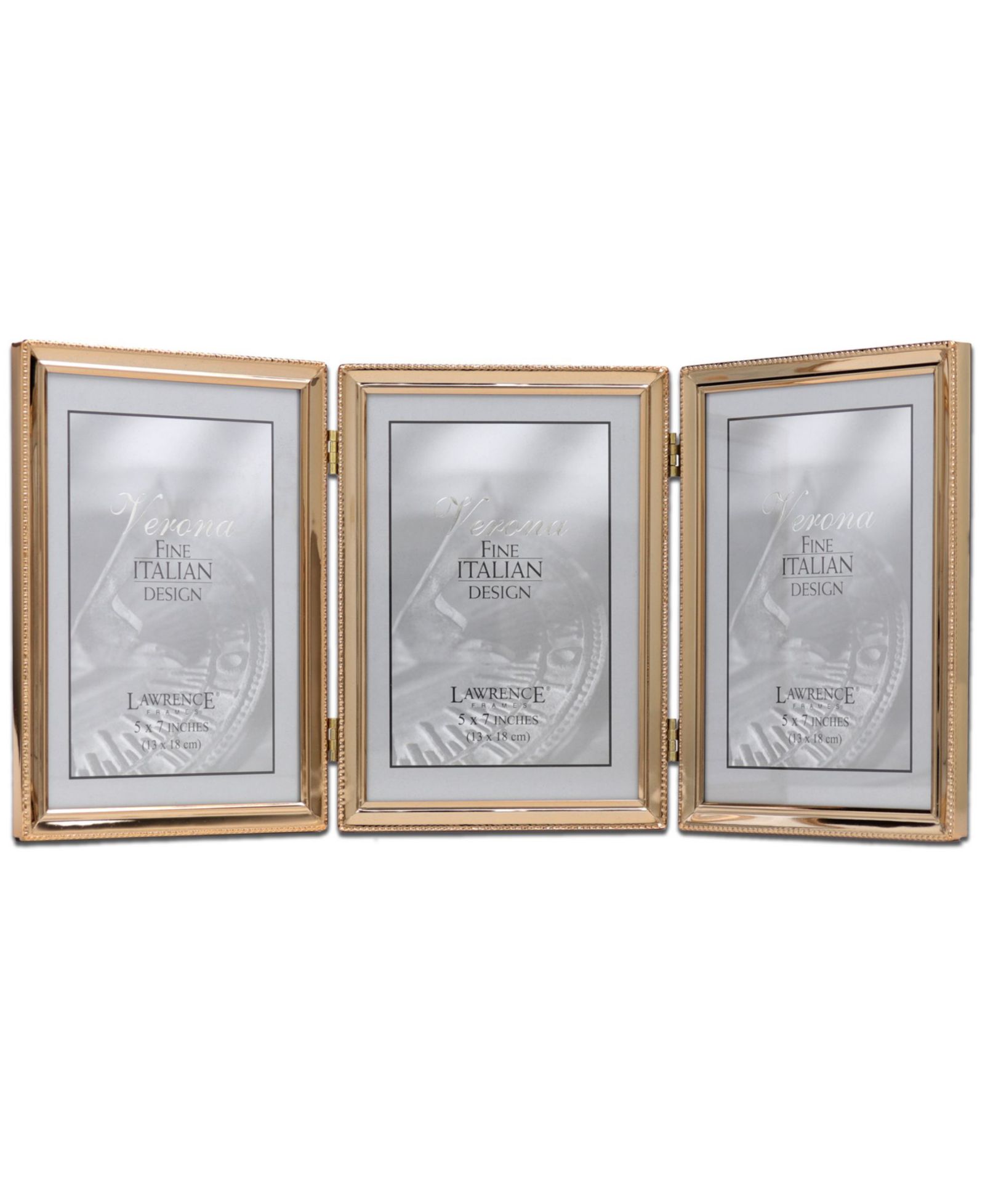 Polished Metal Hinged Triple Picture Frame - Bead Border Design, 5" x 7"