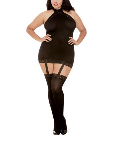 Dreamgirl Women's Plus Size Sheer Halter Garter Dress with Attached Garters and Stockings Lingerie Set