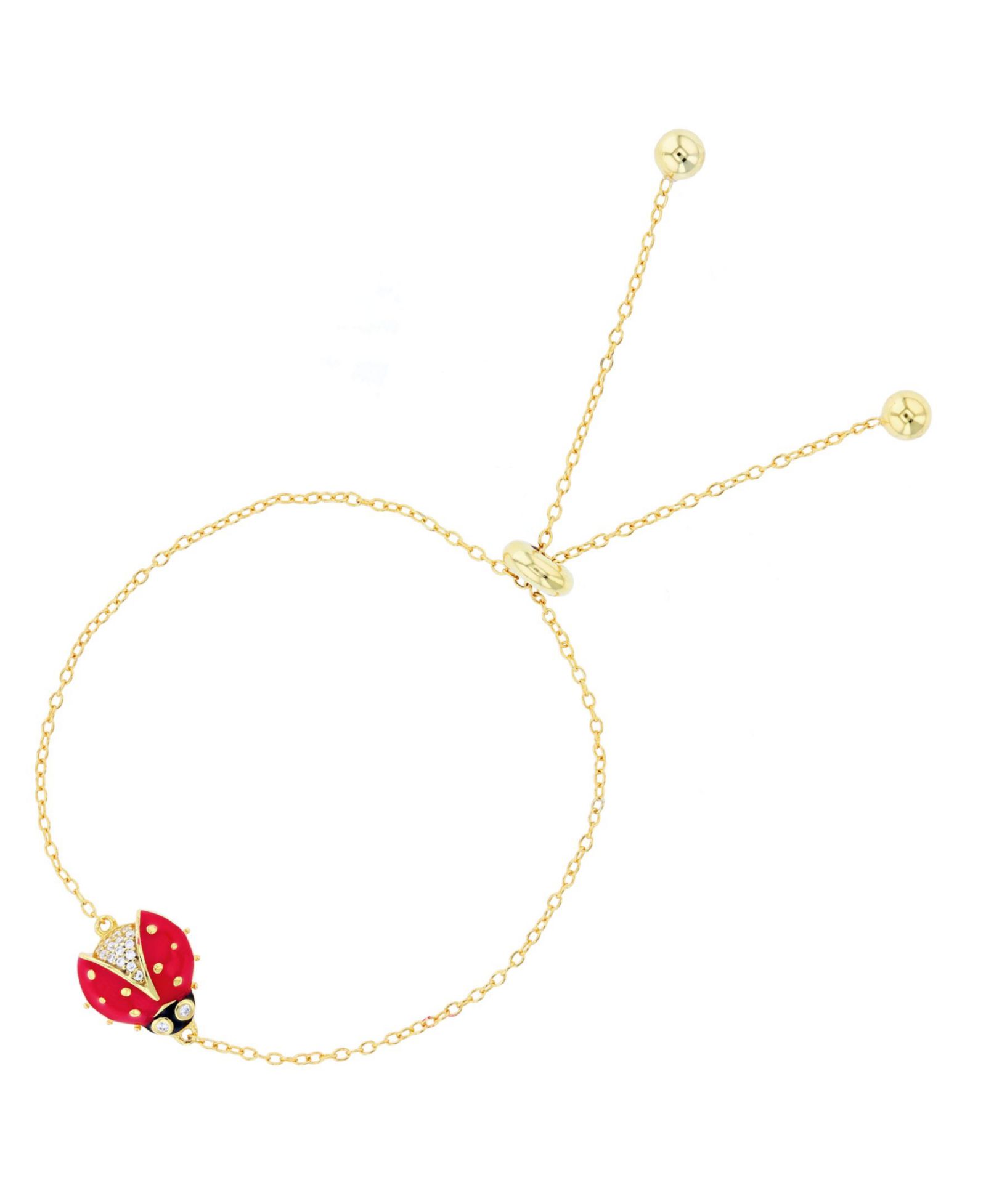 Cubic Zirconia Enamel Lady Bug Adjustable Bolo Bracelet in Sterling Silver (Also in 14k Gold Over Silver)