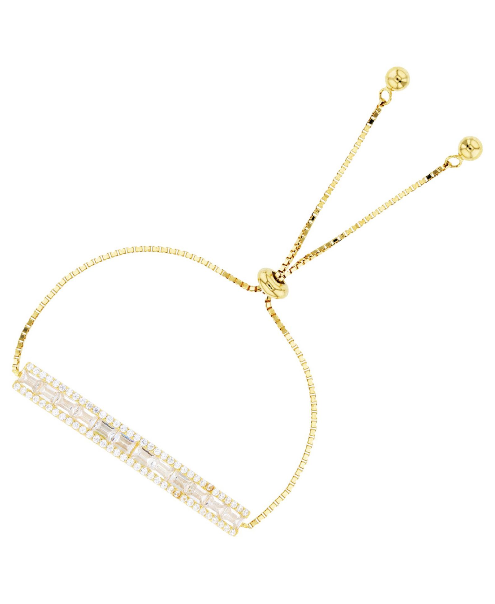 Cubic Zirconia Round and Baguette Bar Adjustable Bolo Bracelet in Sterling Silver (Also in 14k Gold Over Silver)