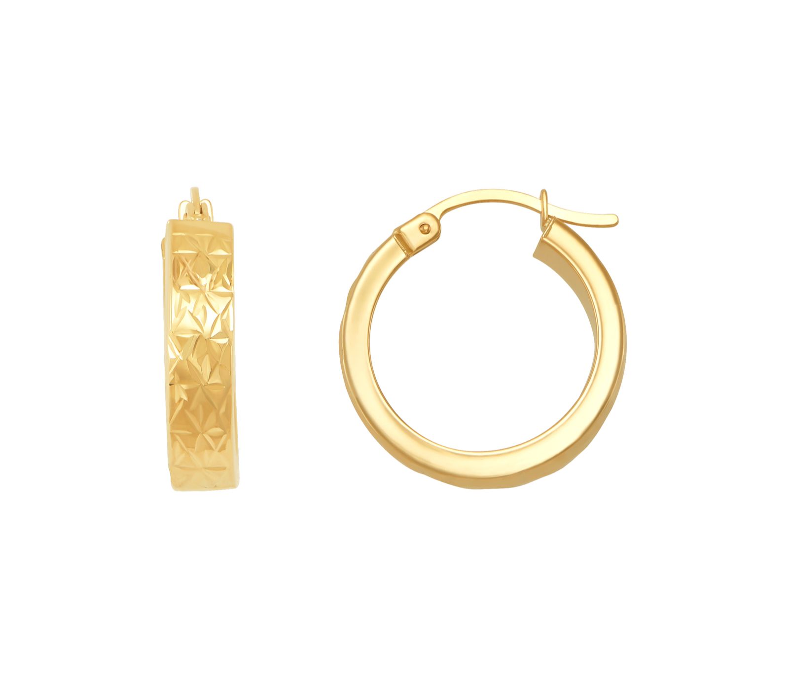 Polished and Diamond Cut Flat Round Hoop Earrings in 14K Yellow Gold, 20mm