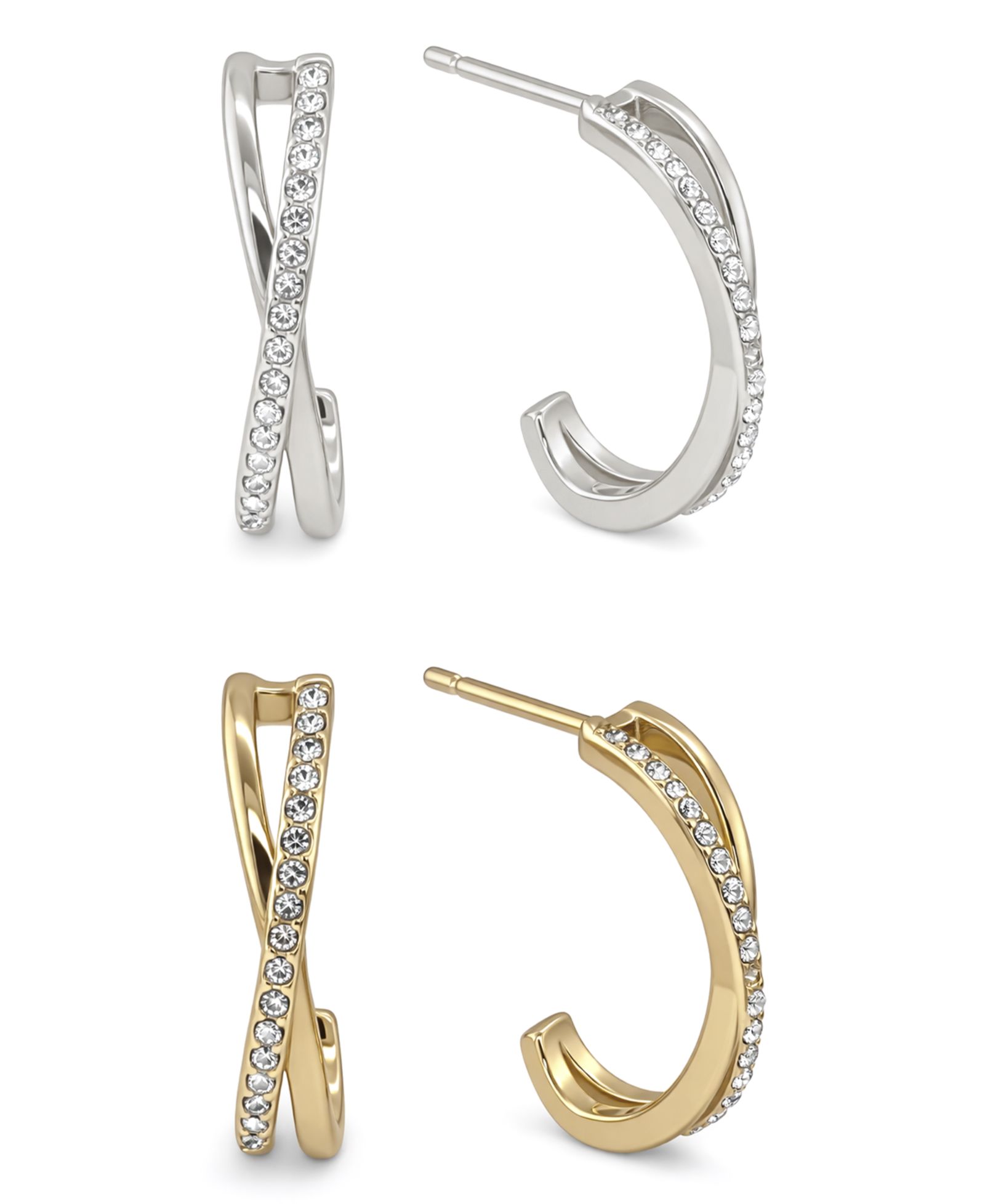 And Now This Clear Crystal Criss Cross Hoop Set in Silver Plate and Gold Plate