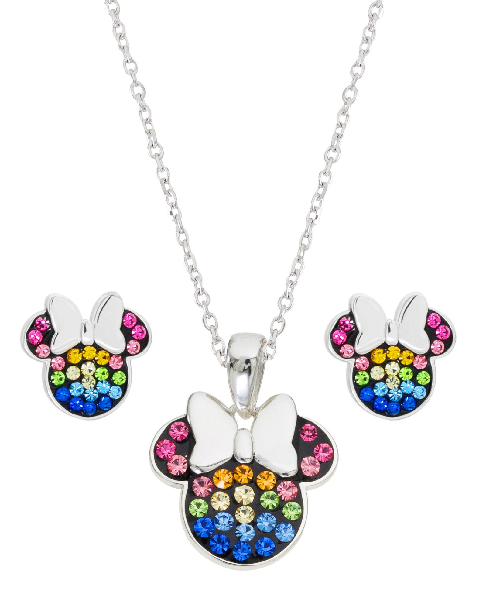 Disney© Children's 2-Pc. Set Crystal Multicolor Minnie Mouse Pendant Necklace and Stud Earrings in Sterling Silver