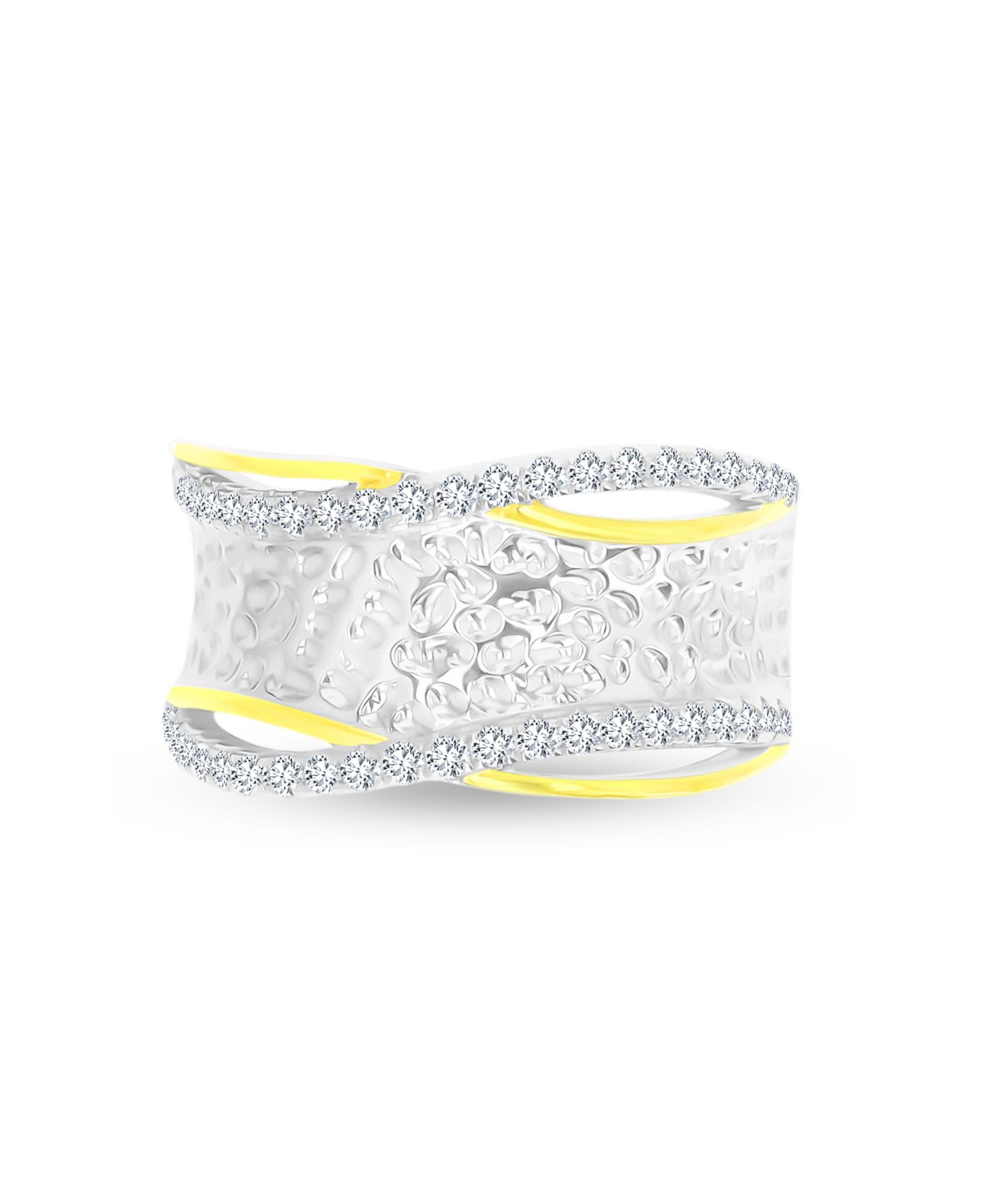 Cubic Zirconia Two Tone Hammered Criss Cross Ring