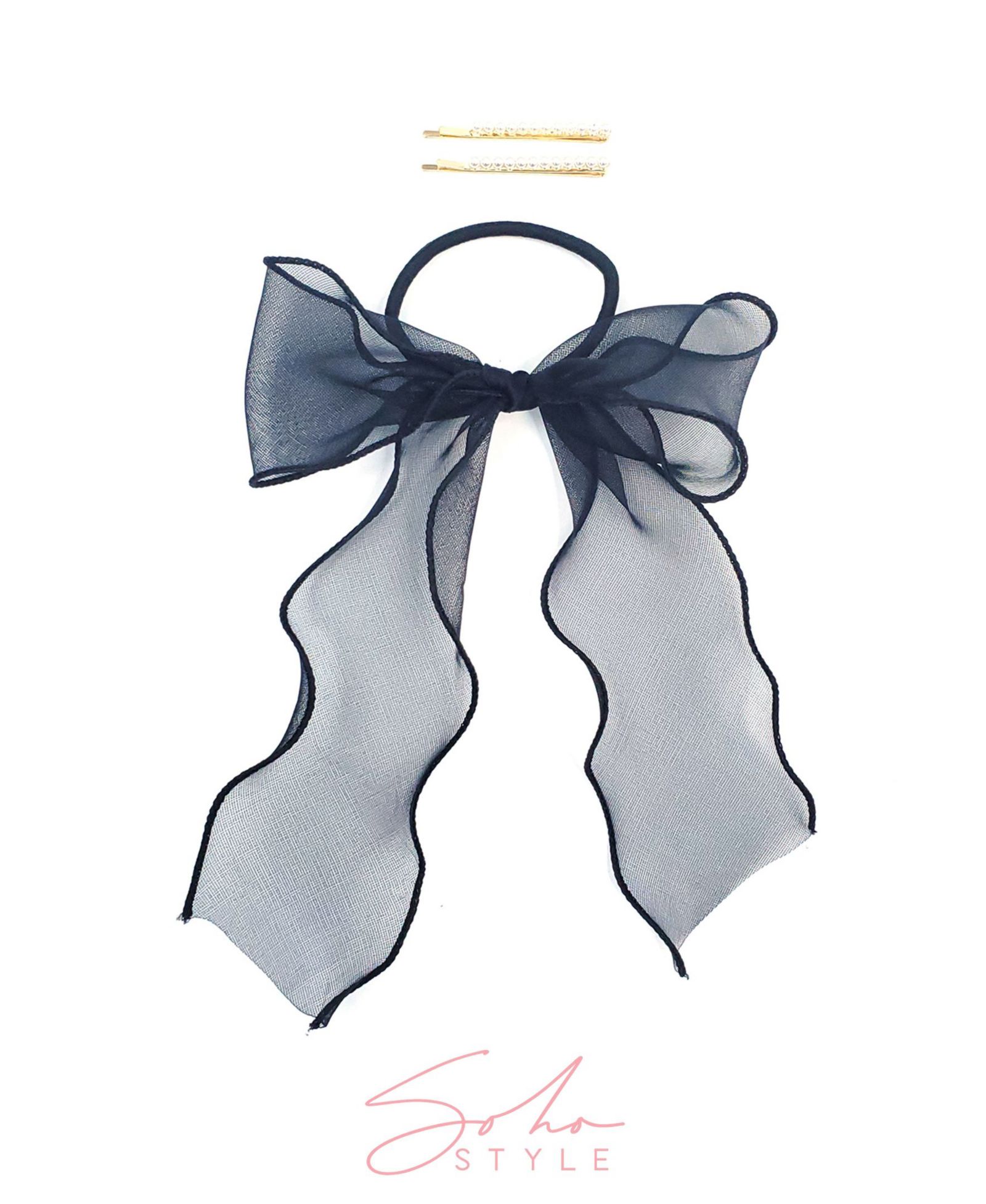 Soho Style Chiffon-Wire Bow Ponytail Holder and Imitation Pearl Pop Mini Twin Starfish Bobby Pin Set of 2
