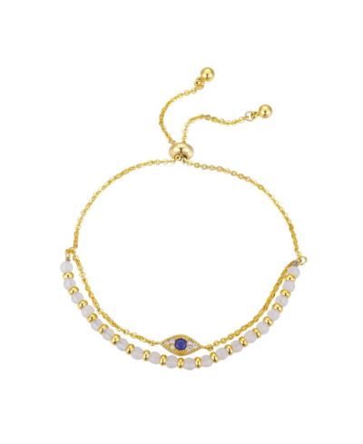 Gold Flash-Plated Genuine White Quartz Evil Eye Multi-Strand Adjustable Bolo Bracelet