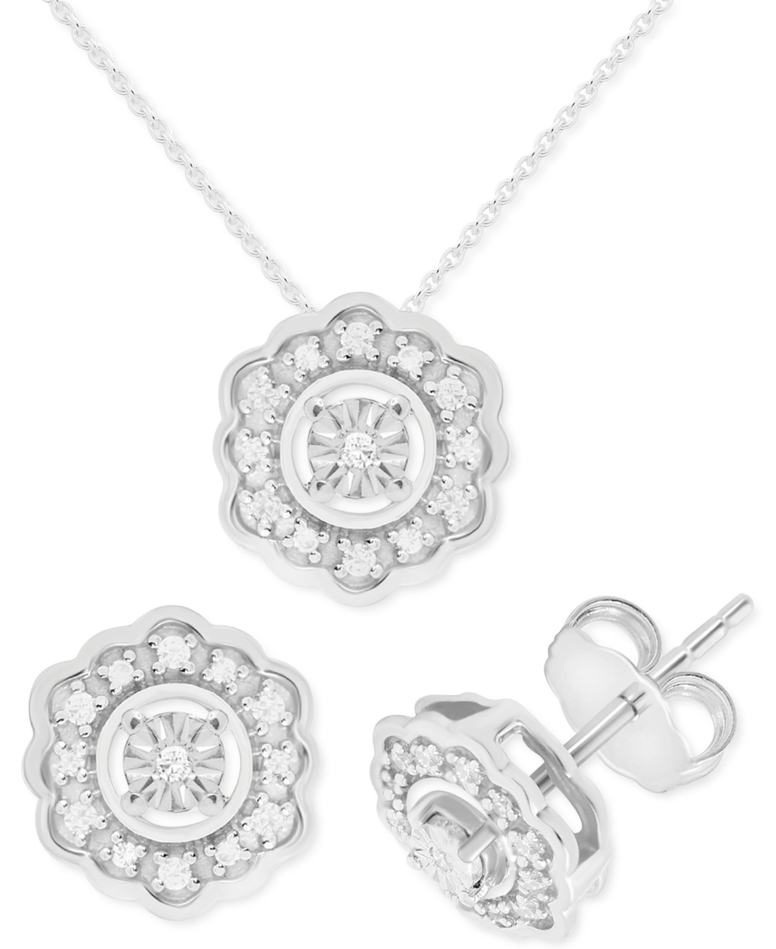 Комплект из 2 предметов: кулон Diamond Flower и подходящие серьги-гвоздики в серебре