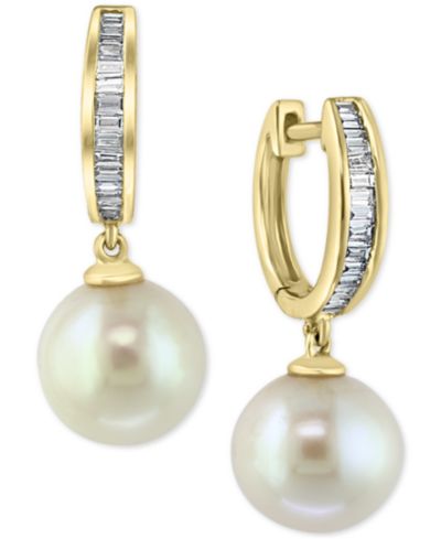 Серьги-подвески EFFY® с бриллиантом (1/4 ct. t.w.) и натуральным речным жемчугом (10mm) в 14k золоте