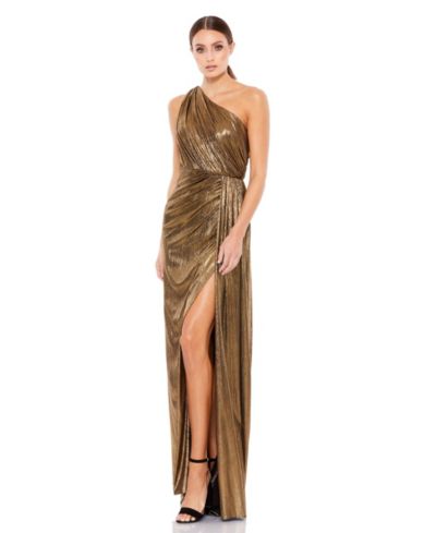 Mac Duggal Женское греческое платье Ieena Metallic с драпировкой и открытым плечом