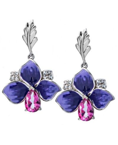 Серьги с розовым топазом (7/8 ct.t.w) и эмалевыми цветами из стерлингового серебра