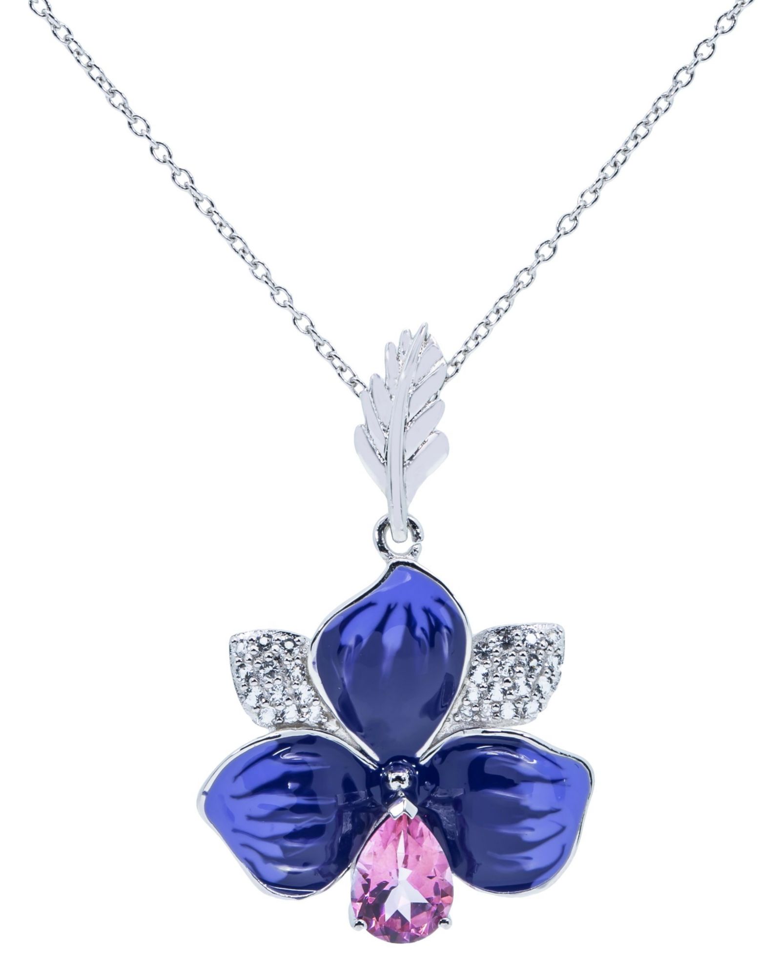 Подвеска-кулон с эмалевым цветком и розовым топазом в серебре Sterling Silver