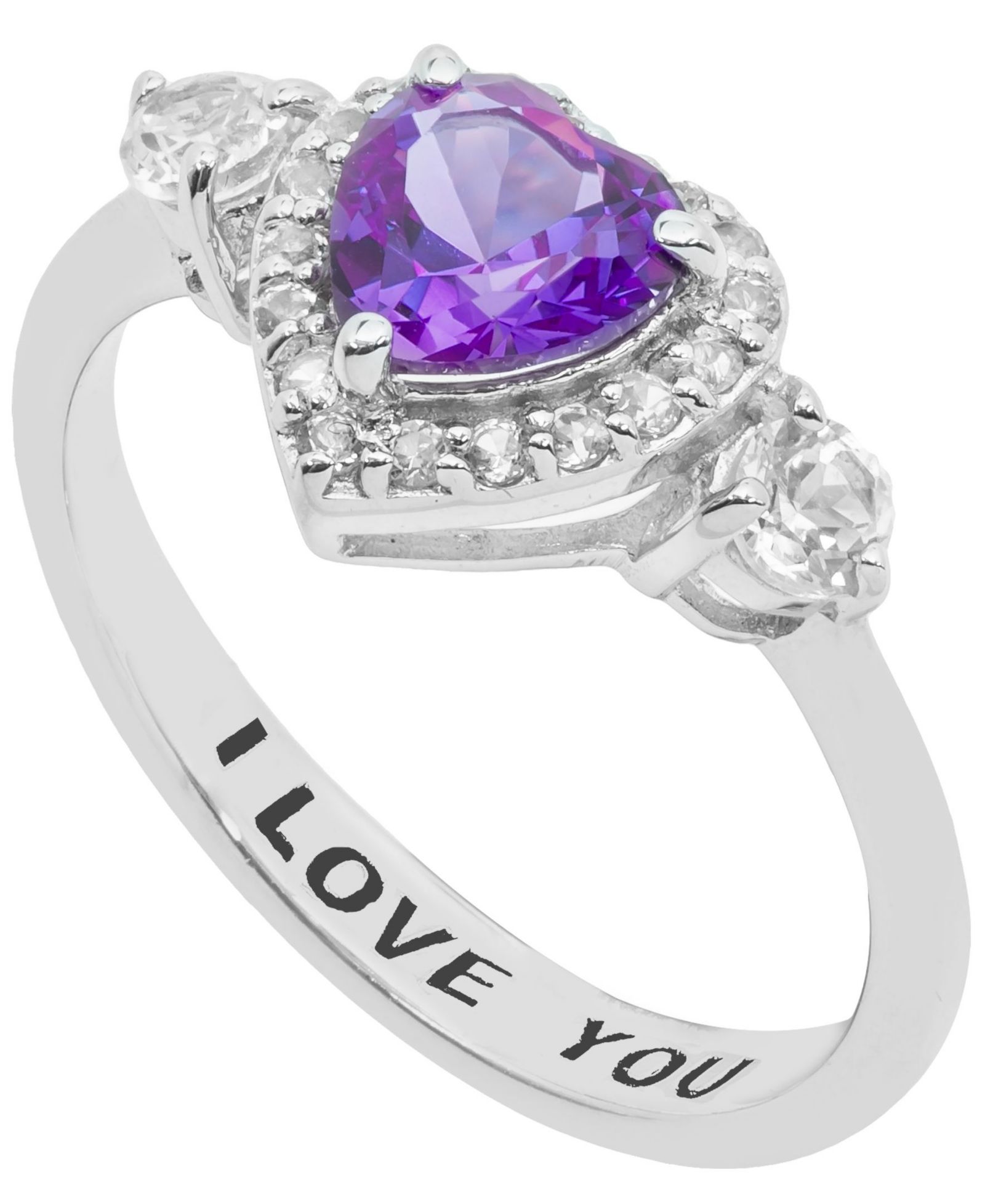 Кольцо с аметистом (5/8 ct.t.w.) и белым топазом (1/2 ct.t.w.) с надписью 'I Love You' из стерлингового серебра