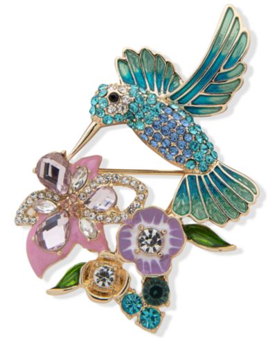 Брошь Anne Klein Gold-Tone Crystal Hummingbird & Flower