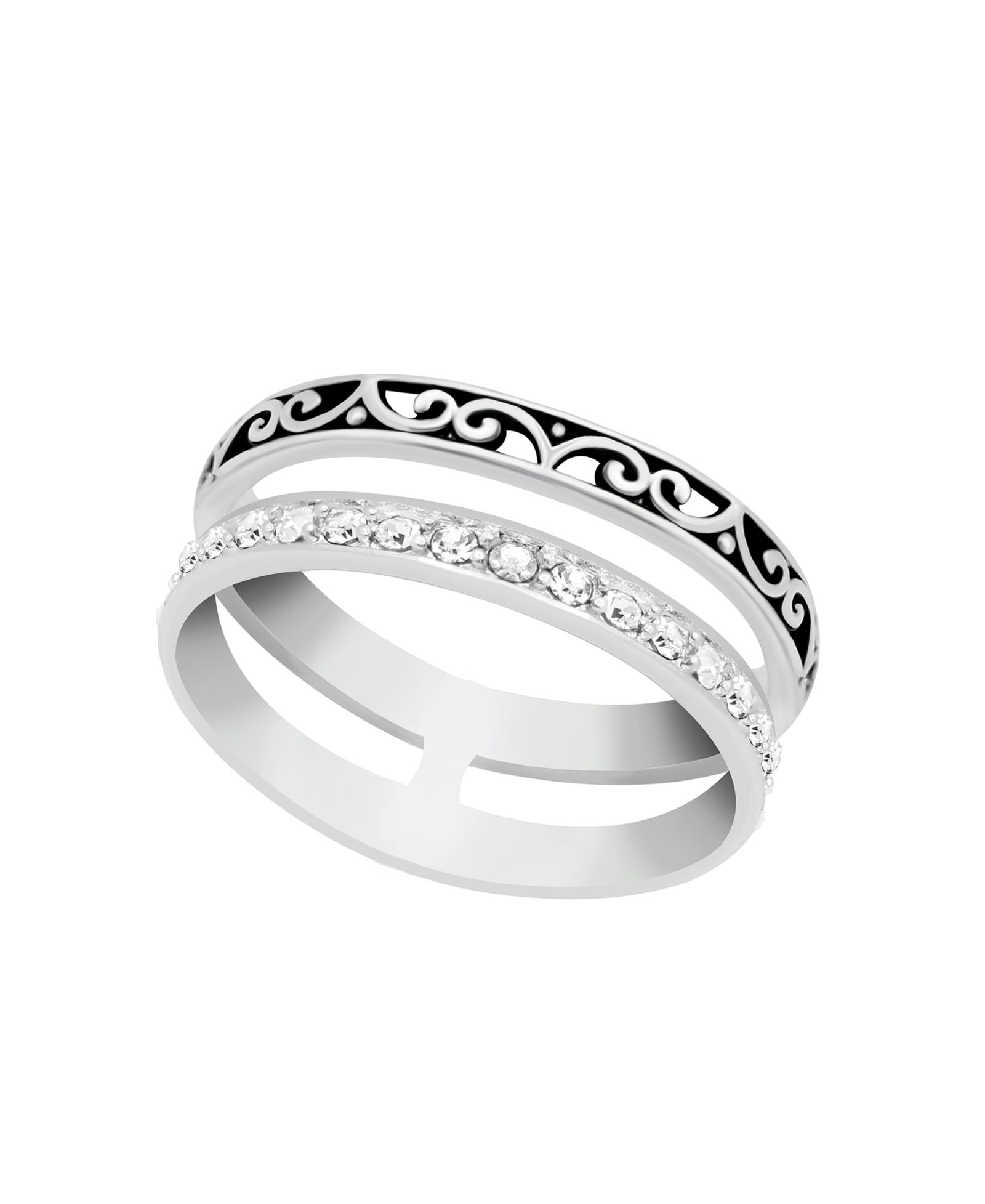 Кольцо Essentials And Now This Oxidized and Clear Crystal Double Row Band in Silver Plate