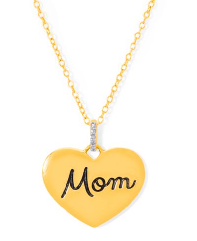 Diamond Accent Black Script Engraved Mom Heart Pendant 18" Necklace in 14k Gold Plate