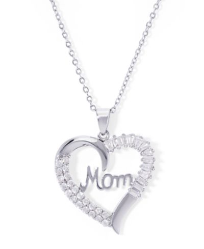 Cubic Zirconia Mom Heart Pendant 18" Necklace in Silver Plate
