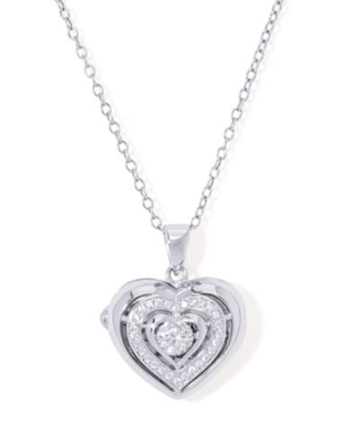 Cubic Zirconia Heart Locket Pendant 18" Necklace in Silver Plate