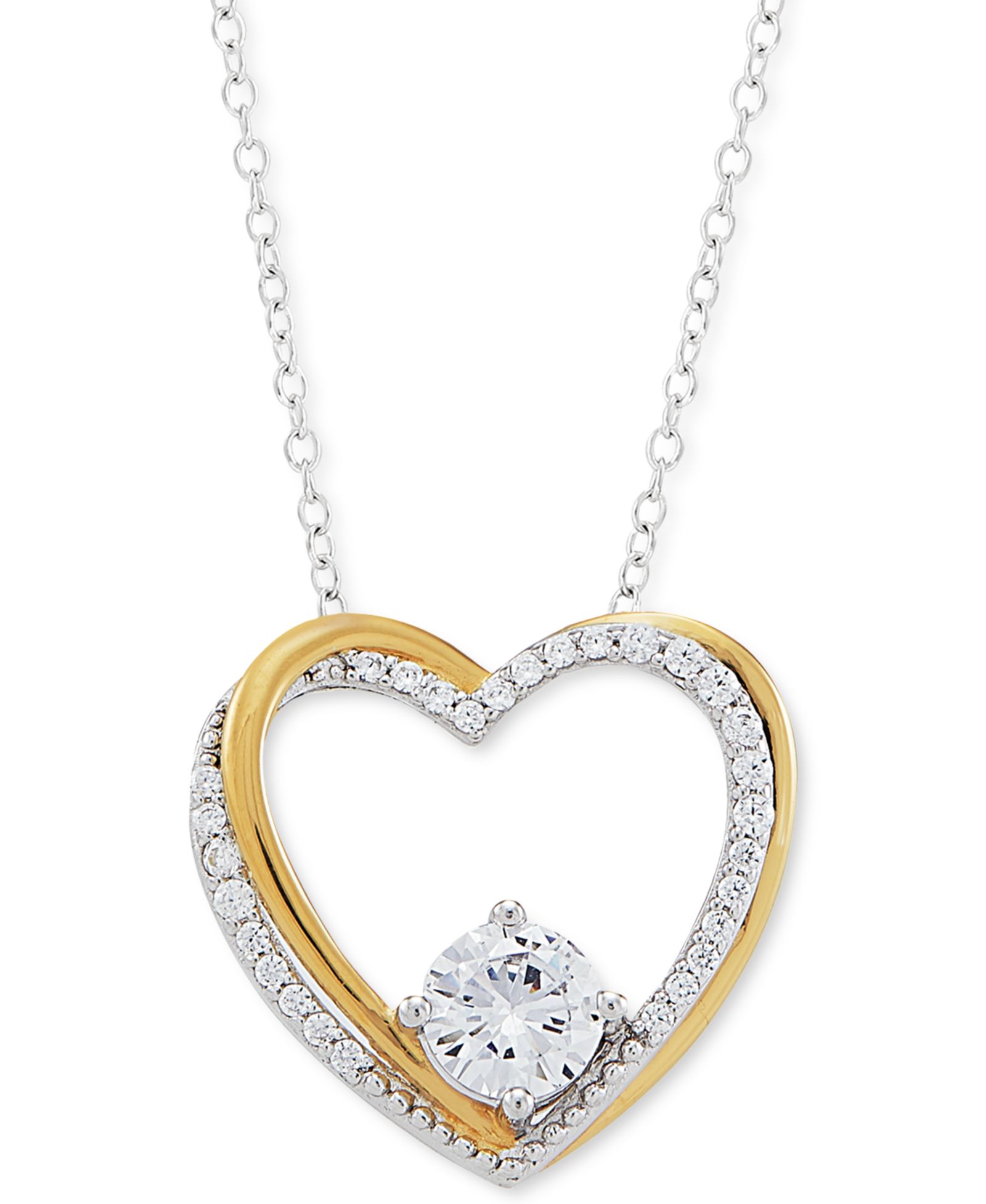 Cubic Zirconia Heart 18" Pendant Necklace in Sterling Silver & 14k Gold-Plate