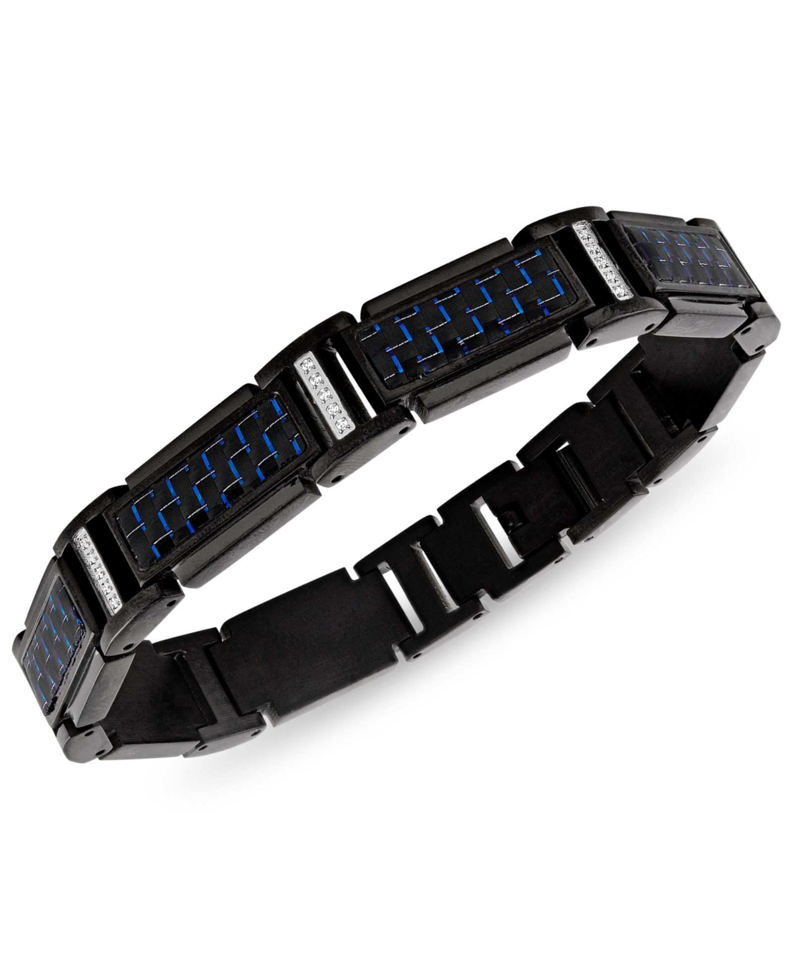 Мужской браслет Esquire Men's Jewelry Diamond & Blue Carbon Fiber Link Black Ion-Plated Stainless Steel