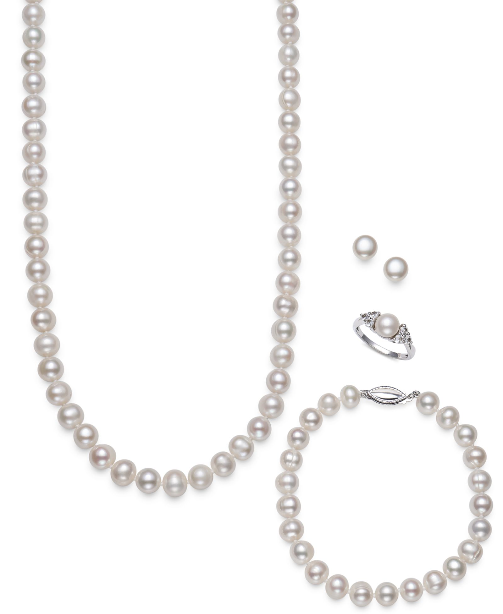 Набор Belle de Mer 4-Pc. Set Cultured Freshwater Pearl (7-8mm) Necklace, Bracelet, Stud Earrings & Ring in Sterling Silver