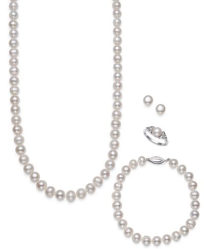 Набор Belle de Mer 4-Pc. Set Cultured Freshwater Pearl (7-8mm) Necklace, Bracelet, Stud Earrings & Ring in Sterling Silver