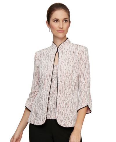 Alex Evenings Printed Piped 3/4-Sleeve Two-Piece Glitter Top & Jacket