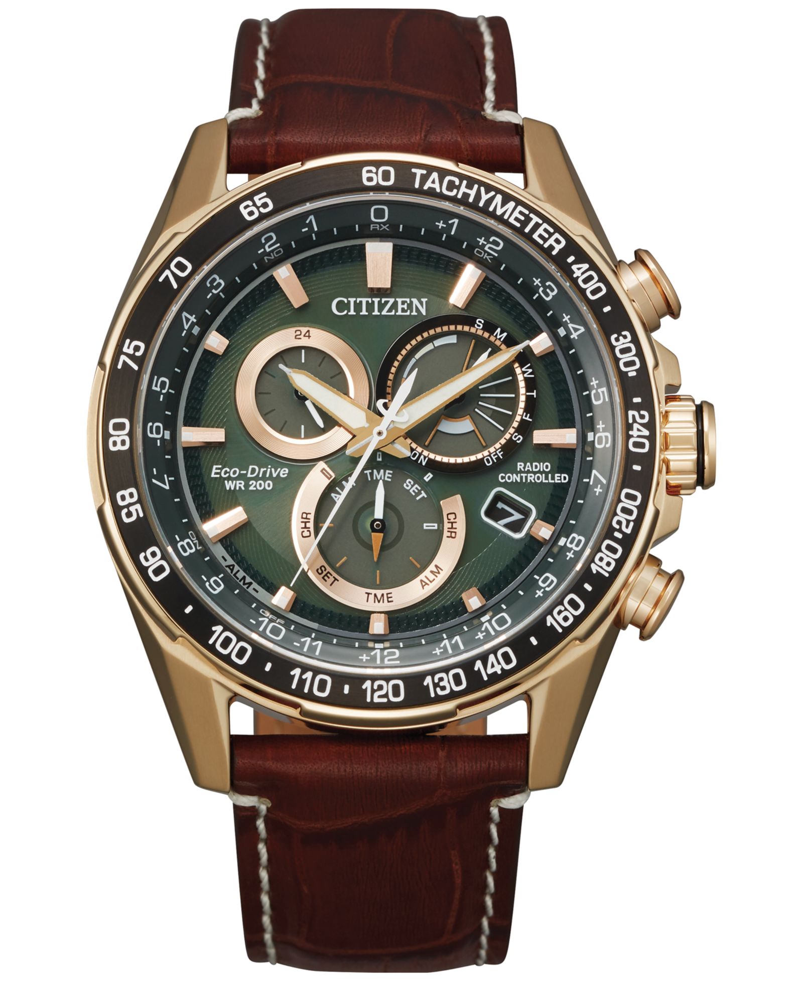 Citizen Eco-Drive Men's Chronograph PCAT Brown Leather Strap Watch 43mm