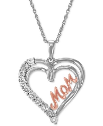Подвеска Diamond Heart Mom 18" из стерлингового серебра и 14K Rose Gold-Plate