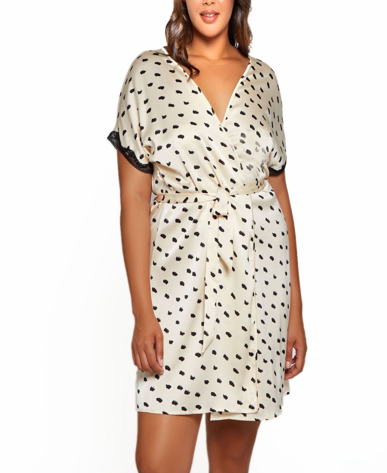 iCollection Plus Size халат Nadia в горошек с кружевом