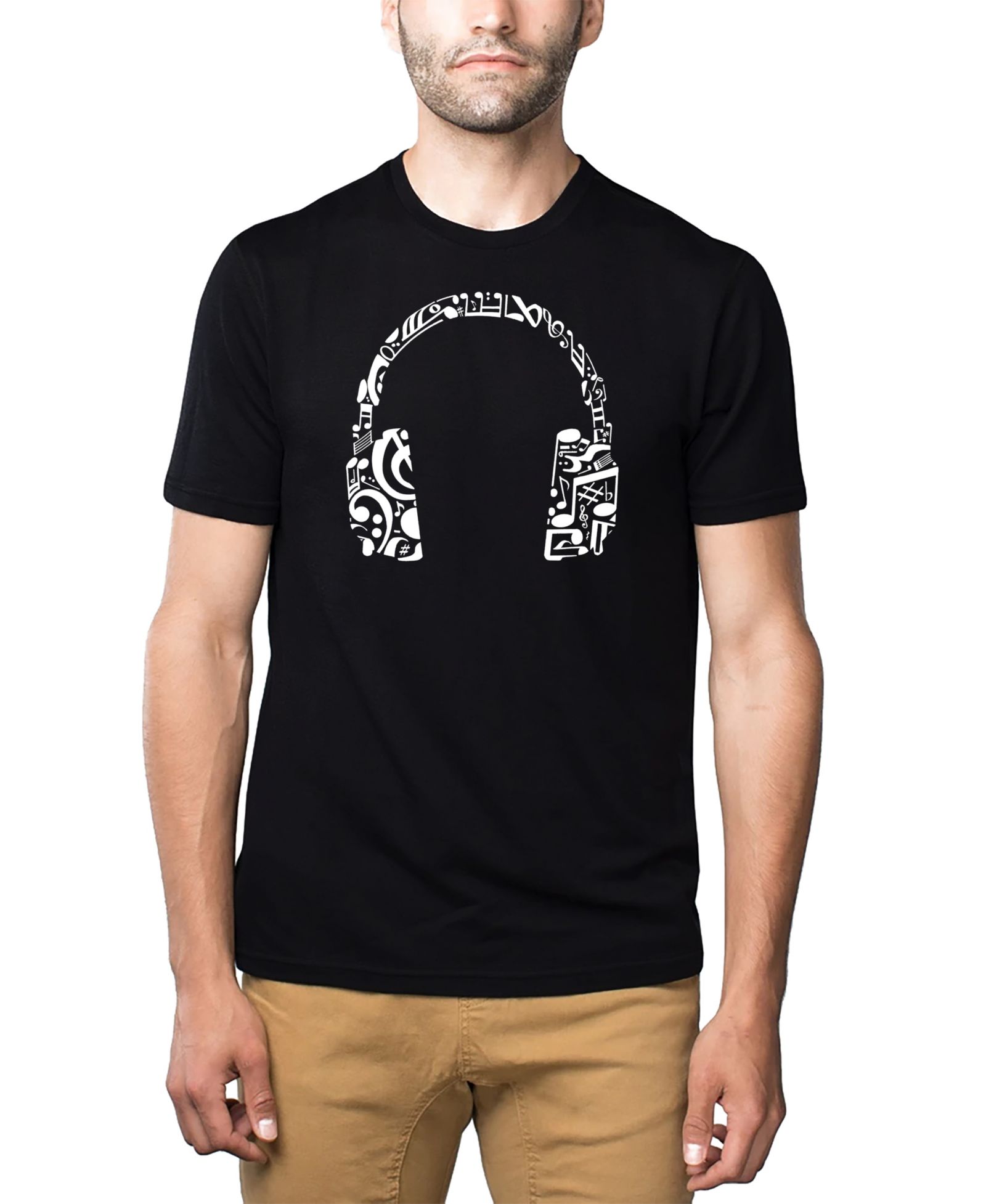 LA Pop Art Men's Cotton/Poly Blend Word Art T-Shirt - Music Notes Headphones