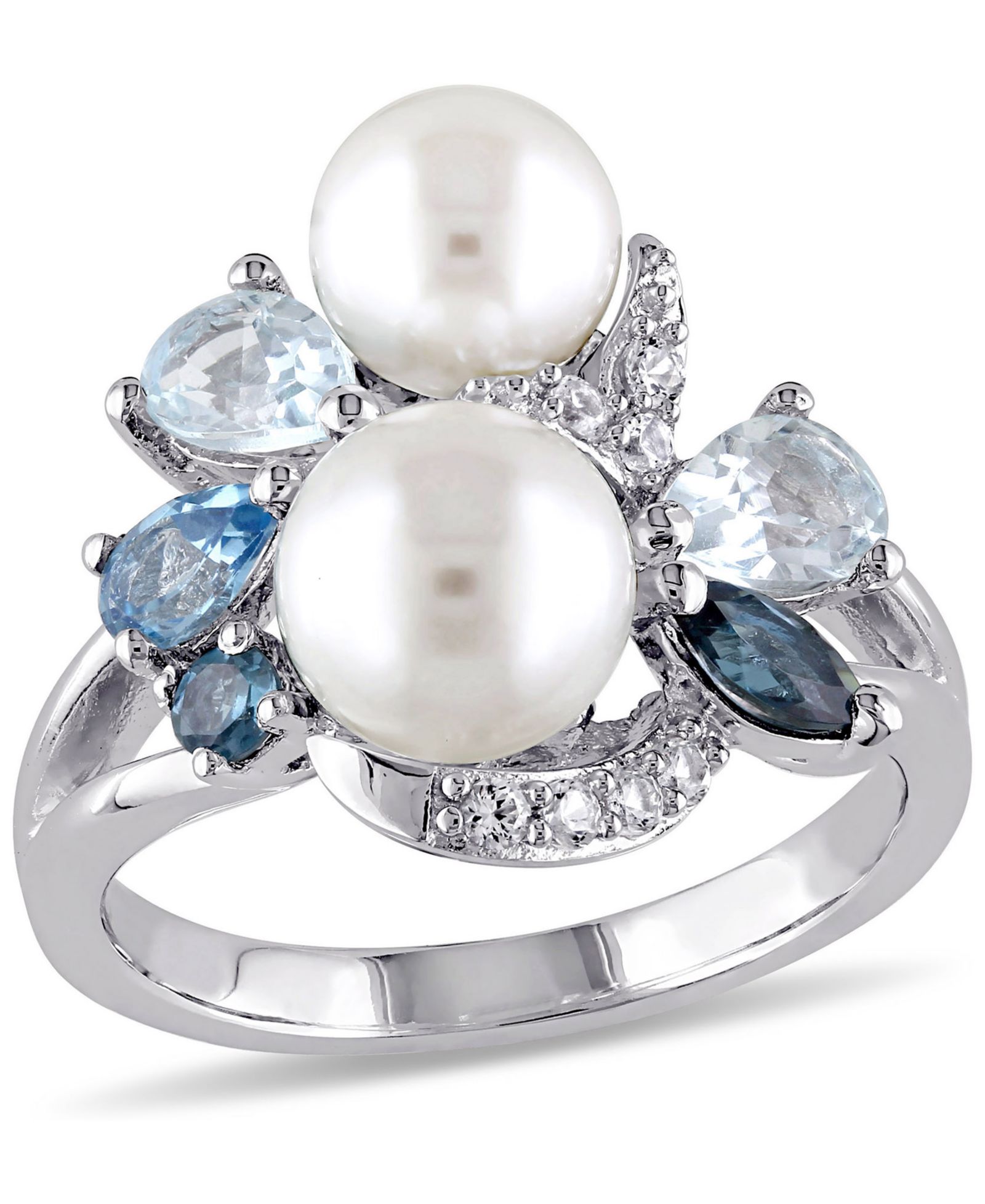 Cultured Freshwater Pearl (6-1/2 & 7-1/2mm) & Multi-Gemstone (1-3/8 ct. t.w.) Cluster Ring in Sterling Silver