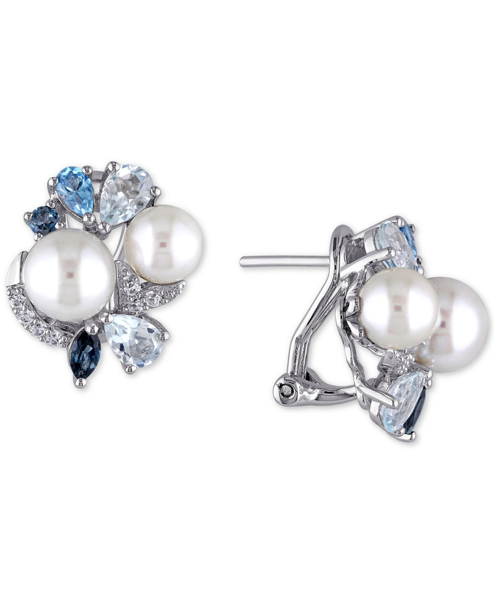 Cultured Freshwater Pearl (6-1/2 & 7-1/2mm) & Multi-Gemstone (2-3/4 ct. t.w.) Cluster Stud Earrings in Sterling Silver