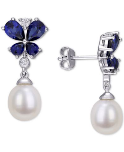 Серьги-подвески из культивированного речного жемчуга (8mm) и выращенных в лаборатории синих и белых сапфиров (3-3/4 ct. t.w.) в стерлинговом серебре
