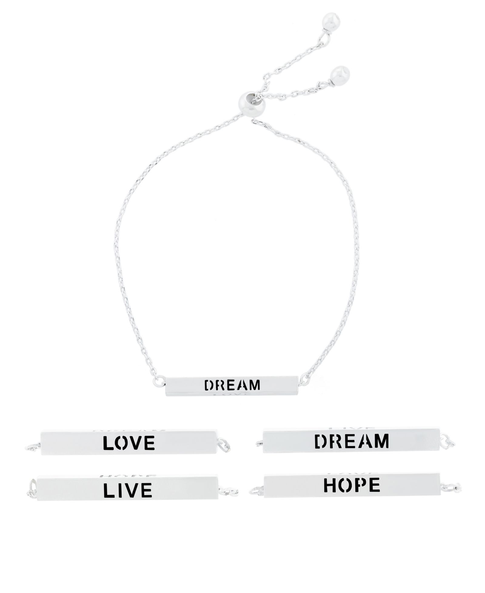 Inspirational Love, Hope, Live, Dream 4 Sided Bar Adjustable Bracelet In Silver Plated