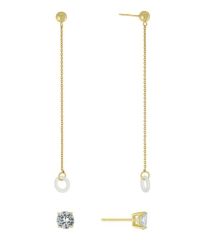 Cubic Zirconia Studs and Chain Drop Air Pods Holder in Gold Over Silver Plated