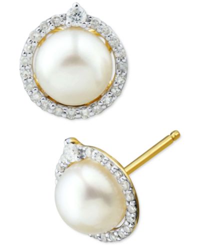 Honora Серьги-гвоздики с натуральным речным жемчугом (6mm) и бриллиантом (1/6 ct. t.w.) в 14k белом золоте