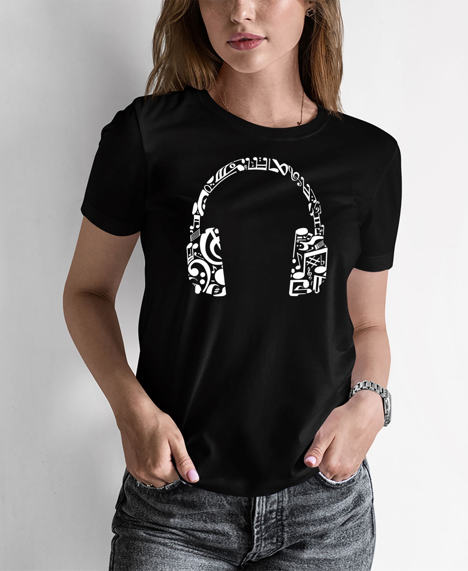 Women's Word Art Music Note Headphones T-Shirt