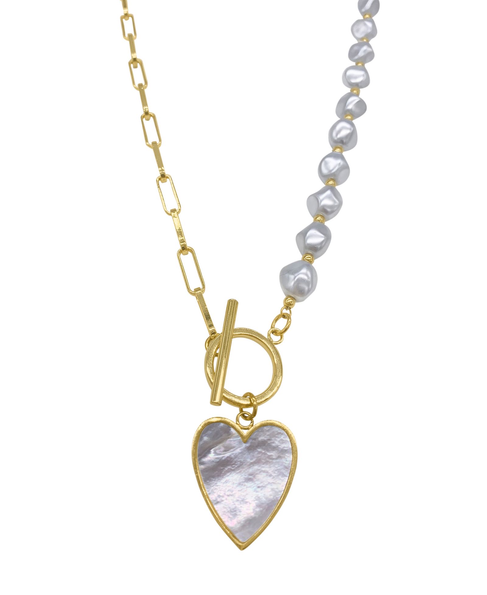 Imitation Pearl and Chain Heart Toggle Necklace