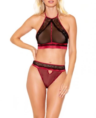 Women's Phoenix Mesh & Floral Halter and Panty Trimmed in Sequins 2-Piece Lingerie Set
