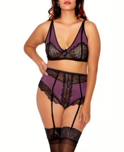 Ripley Plus Size Floral Lace Bralette and Garter Panty Set with Satin Garter Belt 2-Piece Lingerie Set