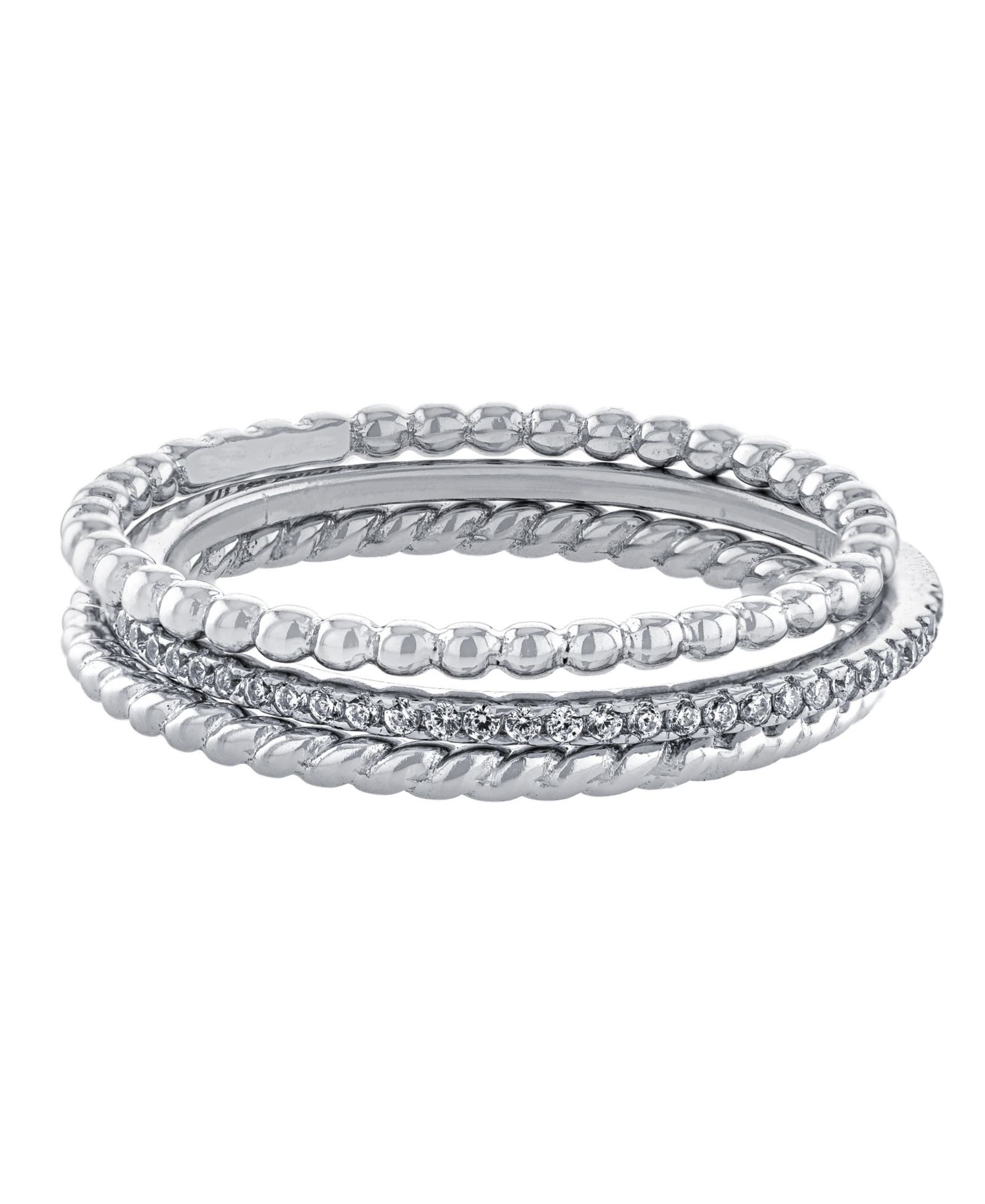 Cubic Zirconia and Twisted Band Beaded Stackable Ring Trios in Gold Over Sterling Silver
