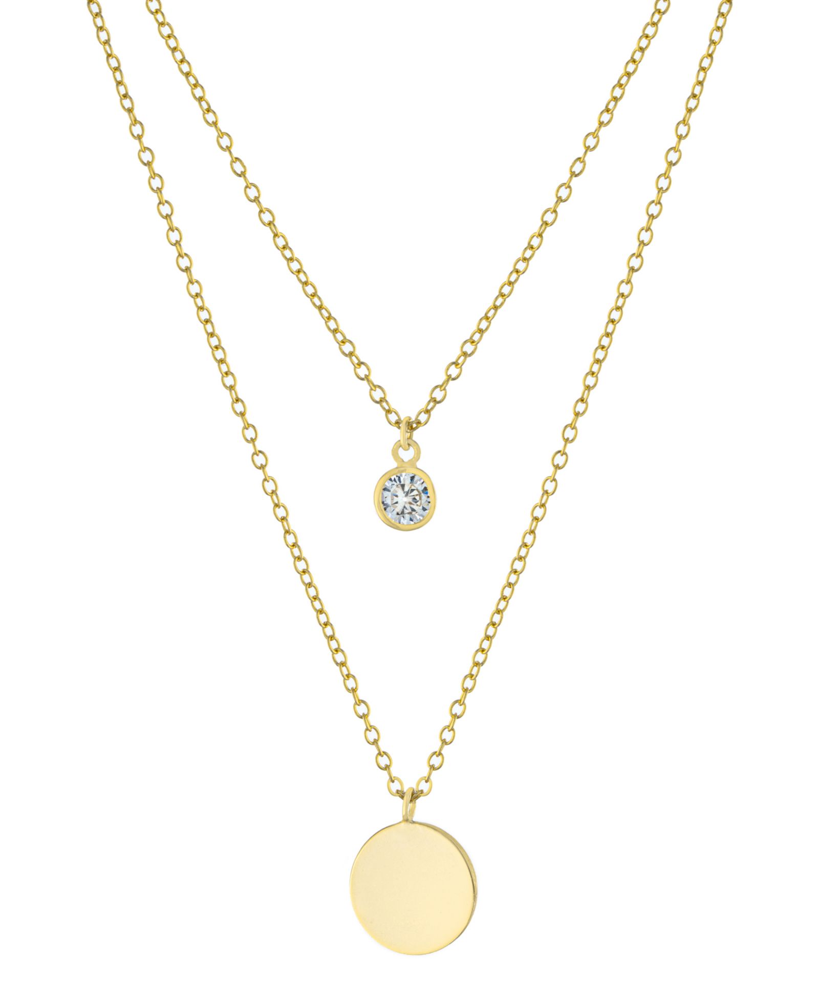 Double Layered 16" + 2" Cubic Zirconia Solitaire and 10mm Disc Chain Necklace in Gold Over Sterling Silver
