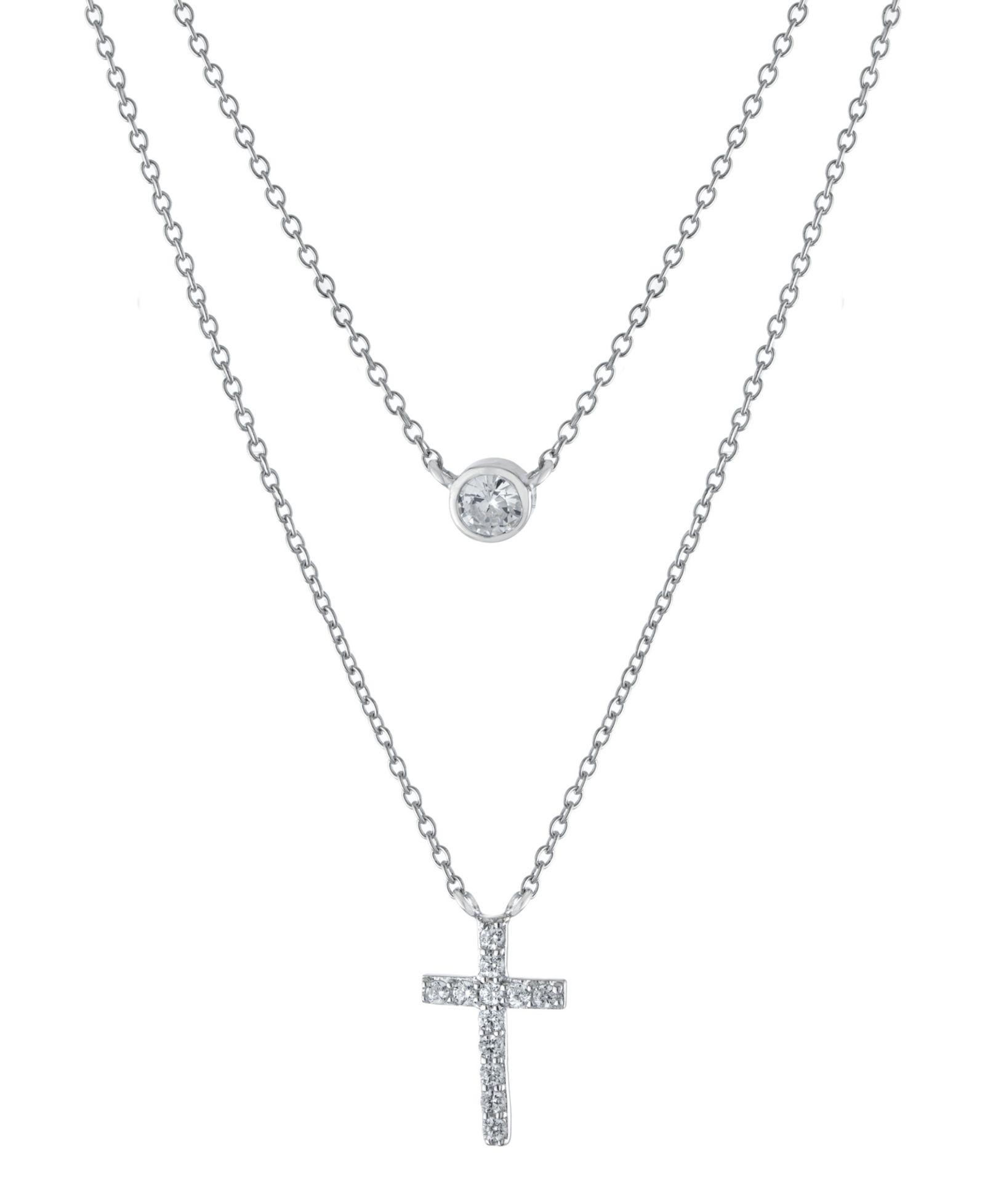 Double Layered 16" + 2" Cubic Zirconia Solitaire and Cross Chain Necklace in Sterling Silver