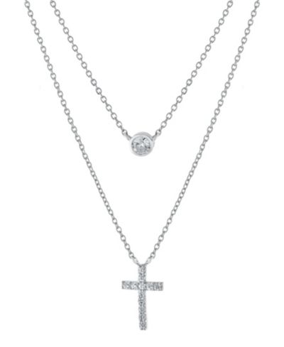 Двойная цепочка Macy's Cubic Zirconia Solitaire and Cross in Sterling Silver 16" + 2"