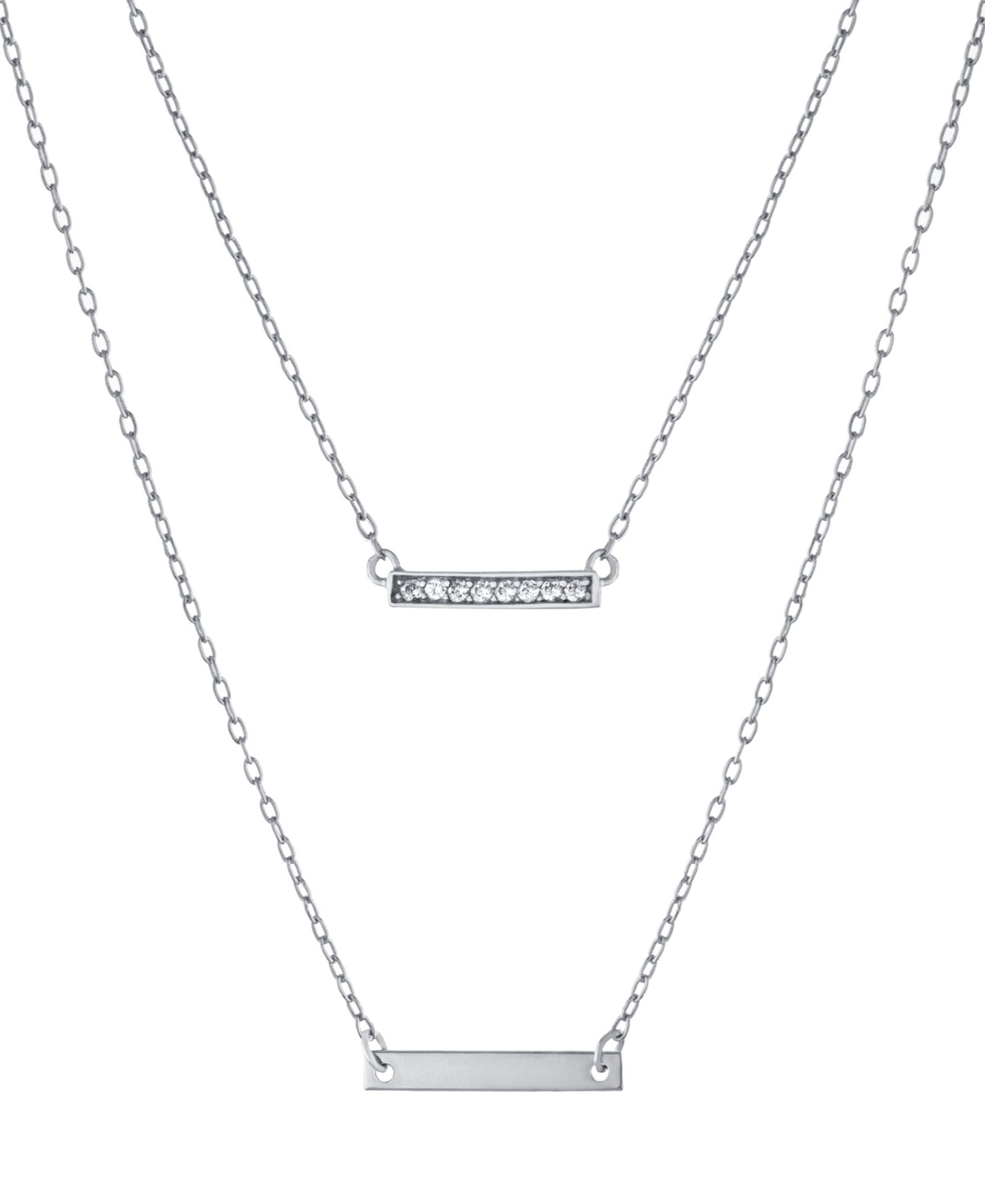 Double Layered 16" + 2" Cubic Zirconia Double Bars Chain Necklace in Sterling Silver