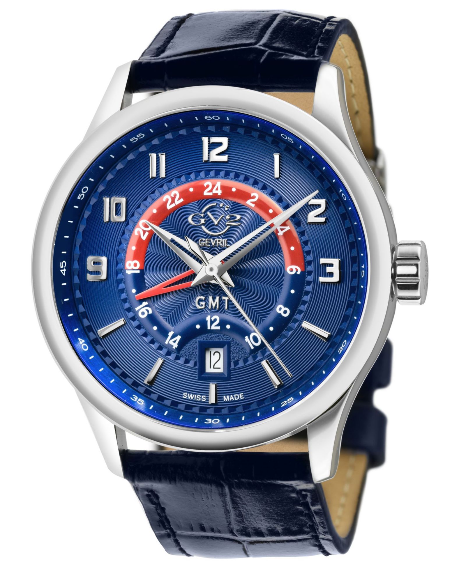 Мужские часы Gevril Giromondo Swiss Quartz с синим кожаным ремешком 42mm
