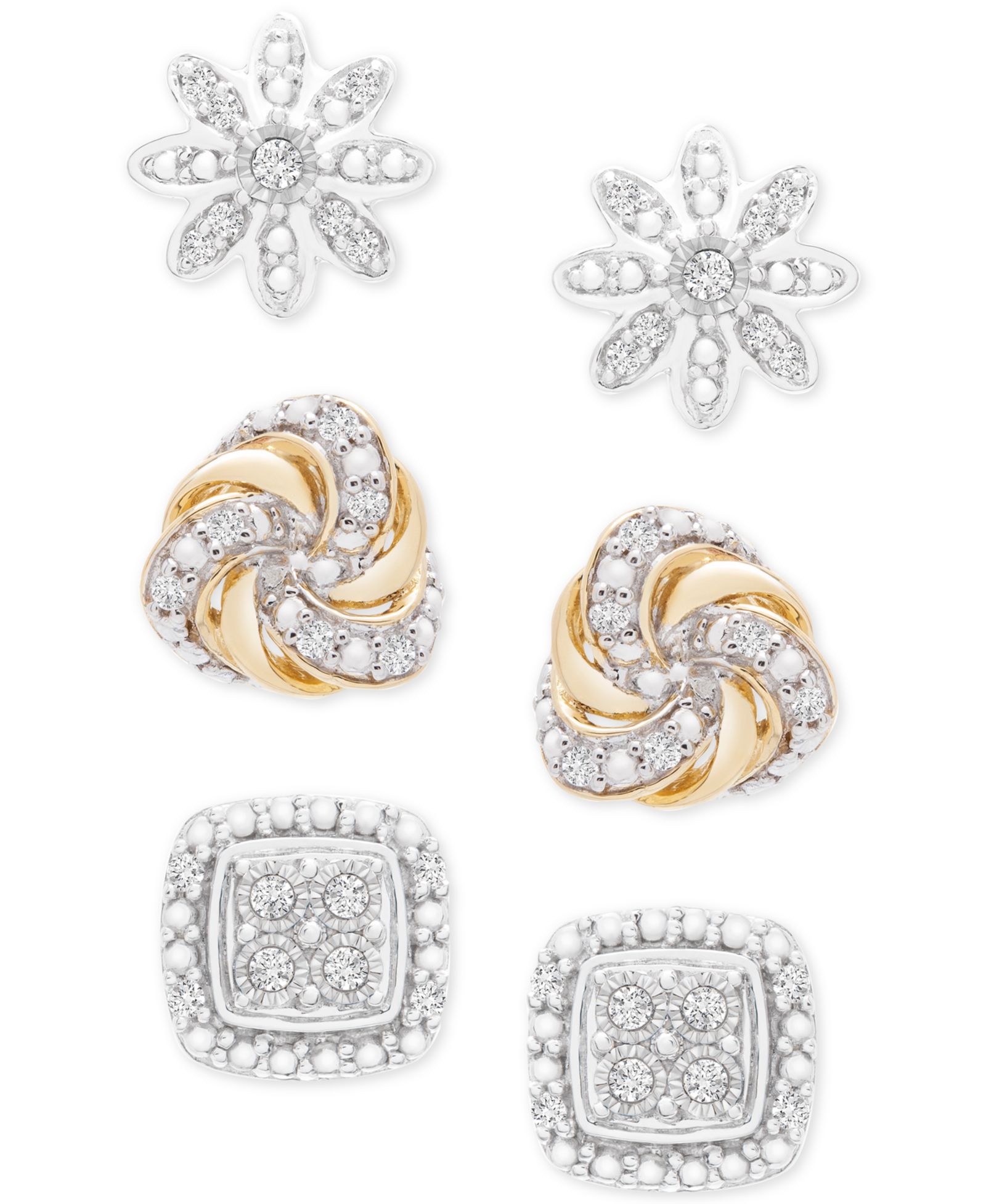 Набор серег Diamond Stud 3-Pc. (1/4 ct. t.w.) в Sterling Silver & 14k Gold-Plate