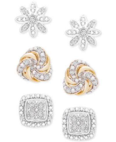 Набор серег Diamond Stud 3-Pc. (1/4 ct. t.w.) в Sterling Silver & 14k Gold-Plate