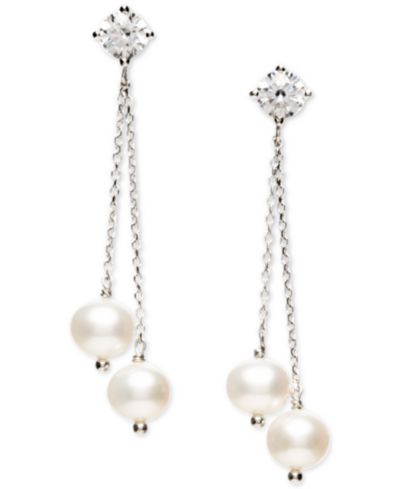 Серьги-подвески Cultured Freshwater Pearl (6-6.5mm) & Cubic Zirconia в стерлинговом серебре