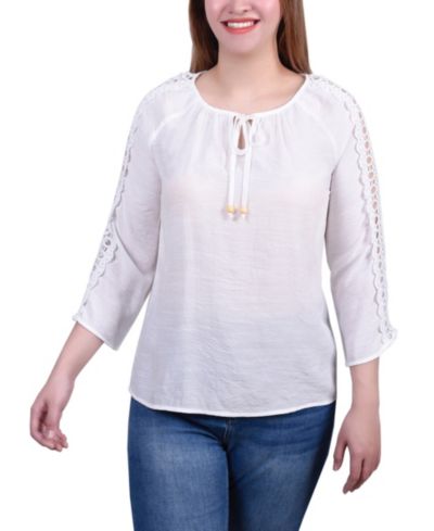 NY Collection Petite 3/4 Sleeve Tunic with Crochet and Tie Neck
